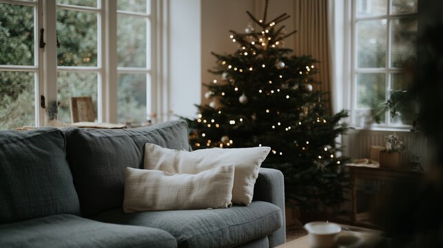 Weihnachtsbaum in gem&uuml;tlichem weihnachtlichen Wohnzimmer beige aesthetic