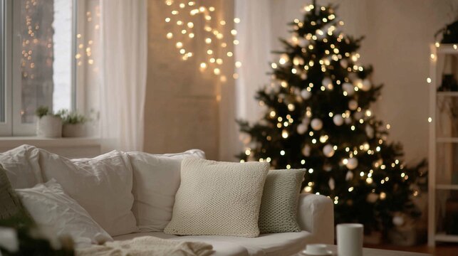 Weihnachtliches gem&uuml;tliches Wohnzimmer mit Weihnachtsbaum und warmen Lichtern