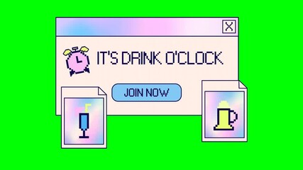 Animated It's Drink O'Clock Announcement on Green Screen Happy Hour Party Motion Graphic for Video Editing and Visual Effects