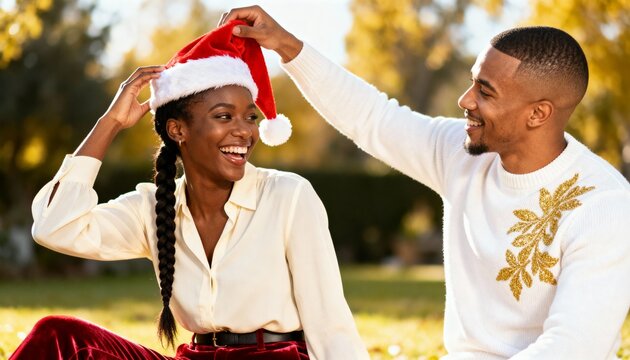 A happy Black couple celebrating the Christmas holidays outdoors. A smiling man playfully puts a Santa hat on his laughing girlfriend in a park