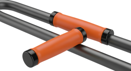 Grips, Two Orange Bicycle Handlebar with Black Ends on Dark Gray Metal Bars isolated on a transparent background, cutout, PNG