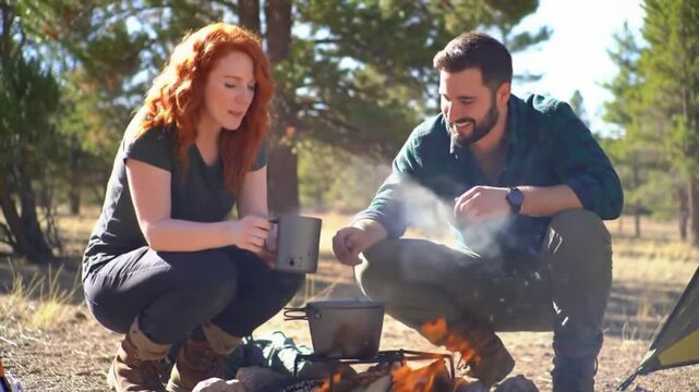 Casal acampando na natureza preparando comida em fogueira