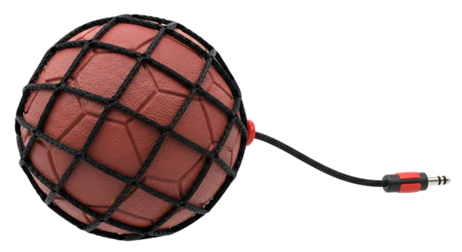 Ball, Brown Textured in Black Net with Audio Jack Connector isolated on a transparent background, cutout, PNG
