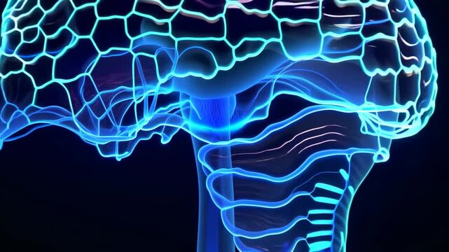 3D brain scan with blue light highlighting neural connections. Detailed brain structure is visually represented with luminous patterns and intricate designs.