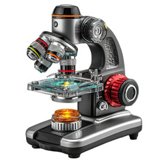 Fototapeta premium Modern laboratory microscope isolated on transparent background, generative ai