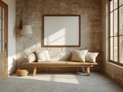 rustic minimalist sitting area, empty frame mockup, wooden bench, linen cushions, warm sunlight, cozy scandinavian japandi decor - Powered by Adobe