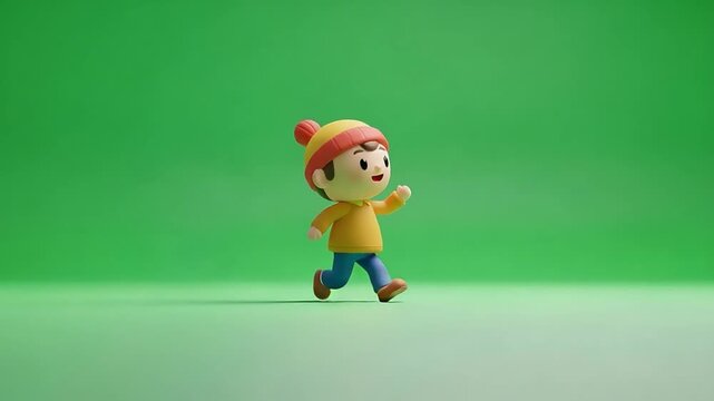 Cute Cartoon Character Toddler Boy Running Animation Loop on Greenscreen Background.