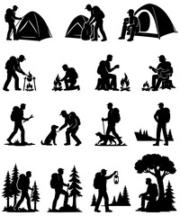 Set of 15 Hiking and Camping Vector Silhouettes - Outdoor Adventure, Tent, Campfire, Dog, and Forest Scenes