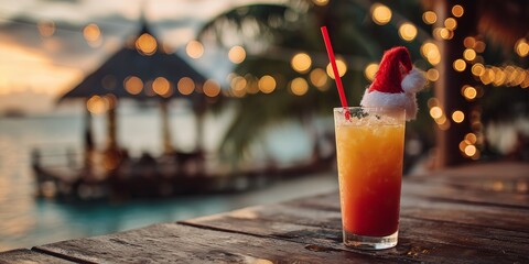 Tall glass of pink cocktail with ice, mint garnish, red straw and mini Santa hat on rim, beach bar background with ocean and lights. Playful tropical Christmas drink, fun festive summer holiday vibe
