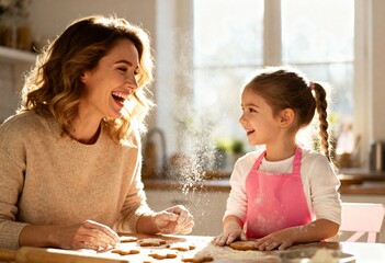 Happy mother and daughter having fun baking cookies in a sunlit kitchen. Joyful family laughing together while playing with flour. Family bonding and homemade cooking concept