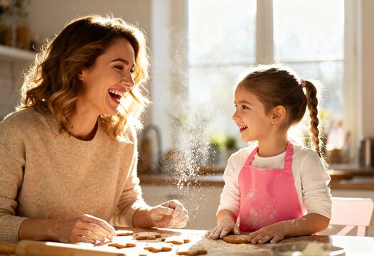 Happy mother and daughter having fun baking cookies in a sunlit kitchen. Joyful family laughing together while playing with flour. Family bonding and homemade cooking concept - Powered by Adobe