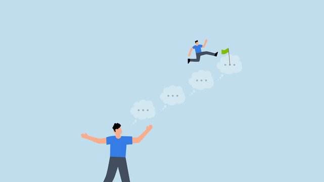 feedback to motivate to success, 4k animation of businessman jump on speech bubble advice to success.