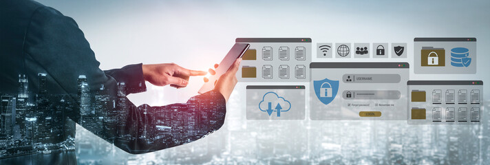 Secure login and file management interface with folder, password, and encryption icons for...