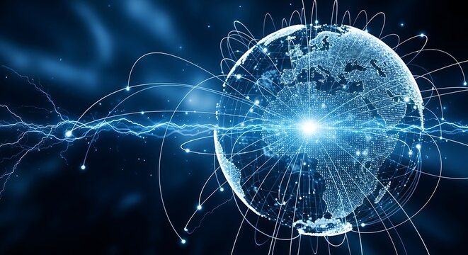 Digital earth globe with network connections and lightning in a blue abstract background design