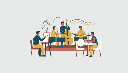 Fototapeta premium An artist painting the scene of a jazz quartet performing in an intimate venue capturing the essence of live music.