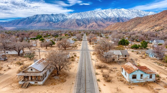 Abandoned town with cracked road and snow-covered mountains