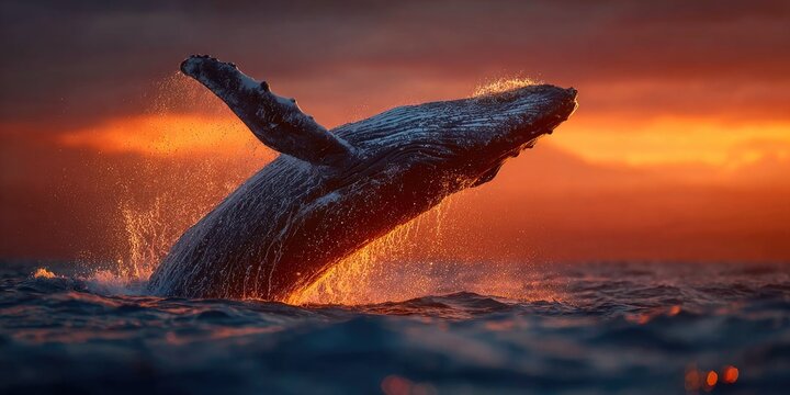 Humpback Whale Breaching at Sunset