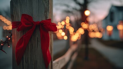 Red velvet ribbon bow on wooden fence post. Blurred village background