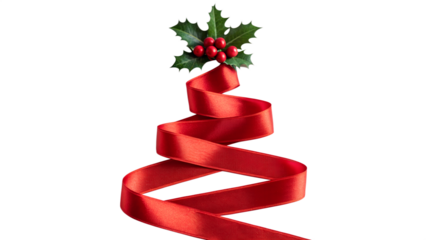 Red Christmas Ribbon Tree with Holly Leaves – Realistic Holiday Decoration PNG on White Background
