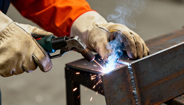 A welder in protective gloves uses a torch for welding steel beams. Close-up of metal fabrication with bright sparks in an industrial factory