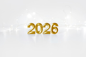 Golden 2026 numbers on white festive background. Elegant celebration concept symbolizing the upcoming year, perfect for holiday greetings, calendars, and festive marketing materials.