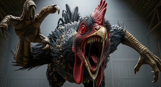 Monster Hahn mit roten Augen und scharfen Z&auml;hnen greift aggressiv in dunkler Scheune an &ndash; 3D Illustration