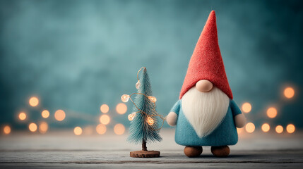 Whimsical Christmas gnome with a red hat standing beside a tiny decorated Christmas tree with warm lights on a wooden surface. Cozy festive composition with copy space for holiday design.