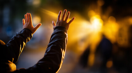 Defocused view of waving arms seen through warm golden light, creating an abstract emotional farewell scene, with copy space.