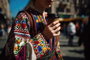 Coffee Cup Held by Person in Traditional Attire