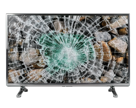 Broken television screen with cracked glass isolated on transparent background, generative ai