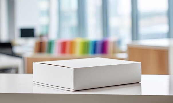 Simple white box sits on a bright, white desk in an airy space