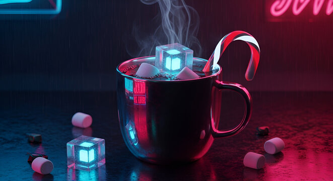 Hot cocoa with colorful marshmallows and candy cane against neon lights. A cyberpunk still life, neon-noir aesthetic.  
