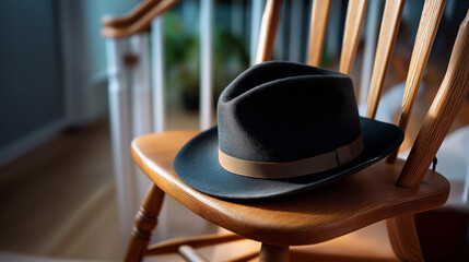 Faceless close-up of grandfather’s hat resting on a chair by the doorway, a soft nostalgic detail, with copy space.