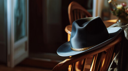 Faceless close-up of grandfather’s hat resting on a chair by the doorway, a soft nostalgic detail, with copy space.