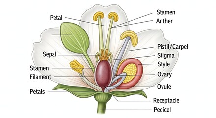 Detailed botanical illustration clearly labels all parts of a flower including stamen pistil ovary ovule petals and sepals