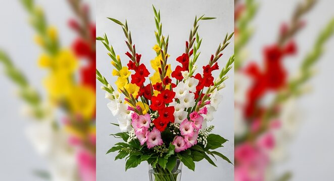 Vibrant mixed gladiolus bouquet in vase, symbolizing strength and remembrance, perfect for celebrations and heartfelt gestures.