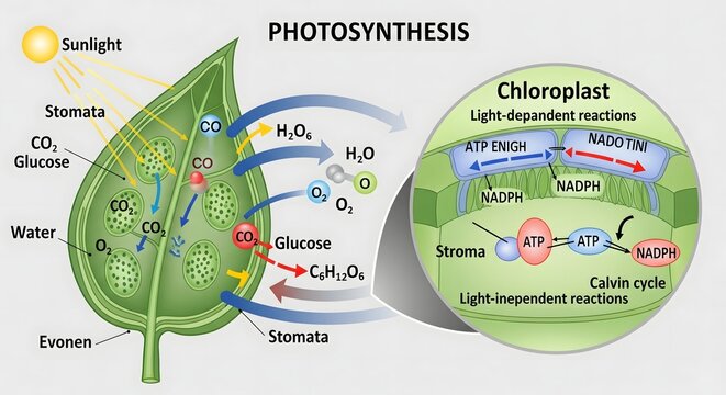 Detailed scientific diagram illustrating the complex process of photosynthesis within a leaf and chloroplast, showing energy conversion and chemical reactions.