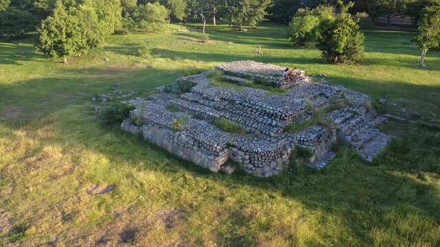 Drone aerial view of pre-Hispanic ruins at Fraccionamiento Del Parque archaeological site in M&eacute;rida, Yucat&aacute;n, Mexico