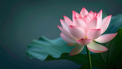 Delicate pink lotus flower blooming with soft petals surrounded by green leaves over calm water, symbol of beauty, purity, and serenity, peaceful aquatic nature background for meditation, relaxation