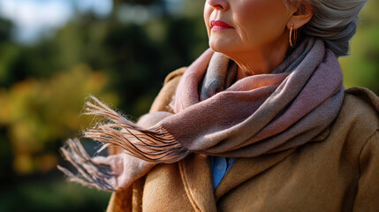 Faceless close-up of grandmother’s scarf blowing gently in the wind as she steps outside, soft bokeh background, with copy space.