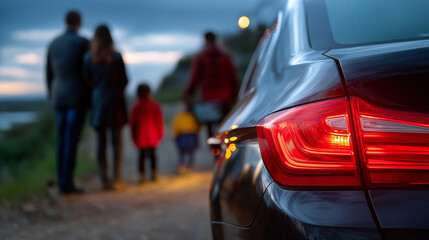Blurred view of the car taillights glowing red in the dusk, family silhouettes standing still in the distance, with copy space.
