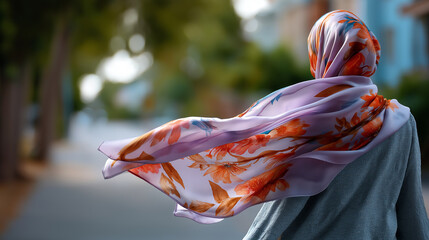Faceless close-up of grandmother’s scarf blowing gently in the wind as she steps outside, soft bokeh background, with copy space.