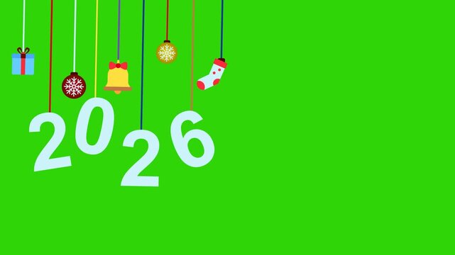 Animated Cartoon Design of Happy New Year 2026 Template Text With Socks, Lantern, Christmas Bell, Gift Boxes and Fireworks. Simple Animation Flat Cartoon 4K Video Editable Greenscreen Background.