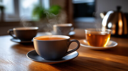 Faceless close-up of steaming tea cups on the table after goodbye, cozy warm tones and shallow depth of field, with copy space.