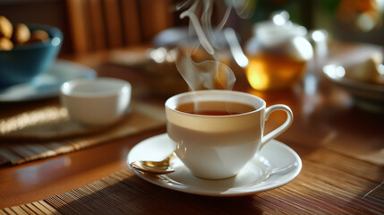 Faceless close-up of steaming tea cups on the table after goodbye, cozy warm tones and shallow depth of field, with copy space.