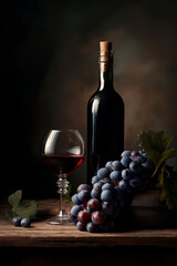 Bottle of red wine, glass and fresh grapes illuminating a rustic wooden table in a classic still life setting
