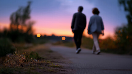 Defocused silhouettes of grandparents walking along a quiet path, framed by soft twilight colors, with copy space.