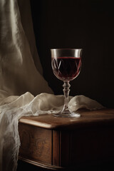 Carved crystal wine glass holding red wine on an old wooden table. Creating a moody, elegant, and classic still life