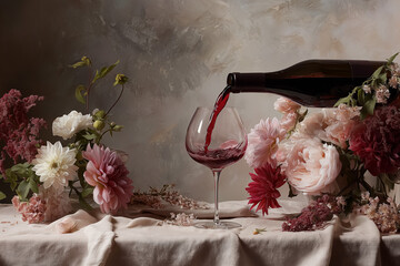 Red wine pouring into a glass surrounded by elegant floral arrangements for a romantic celebration or special occasion
