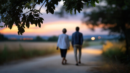 Defocused silhouettes of grandparents walking along a quiet path, framed by soft twilight colors, with copy space.